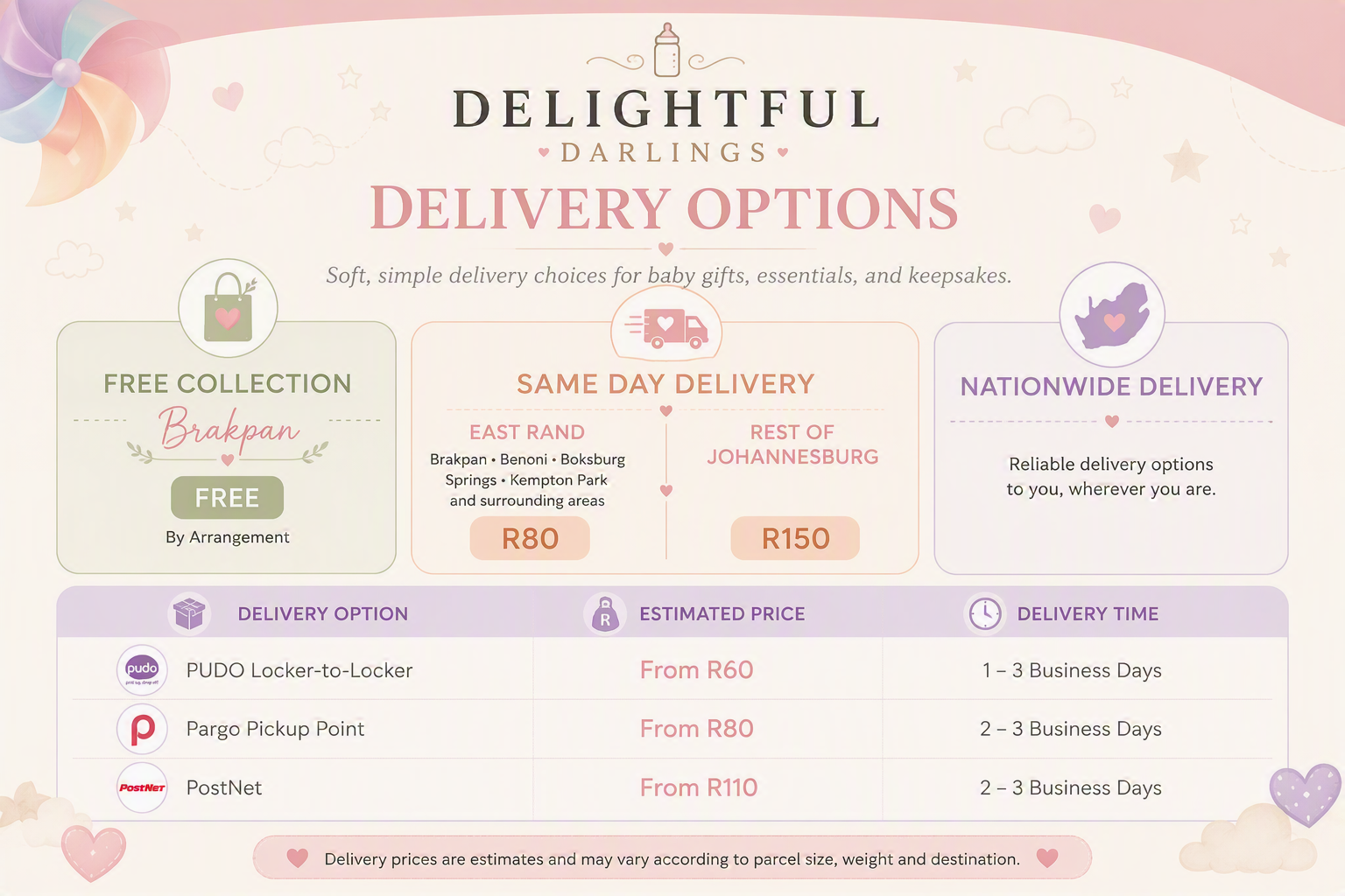 Delightful Darlings delivery options including free collection, same-day delivery, and nationwide courier services